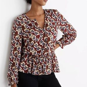 Madewell l Drawstring Ruffle-Hem Top in Viola Floral Size XS